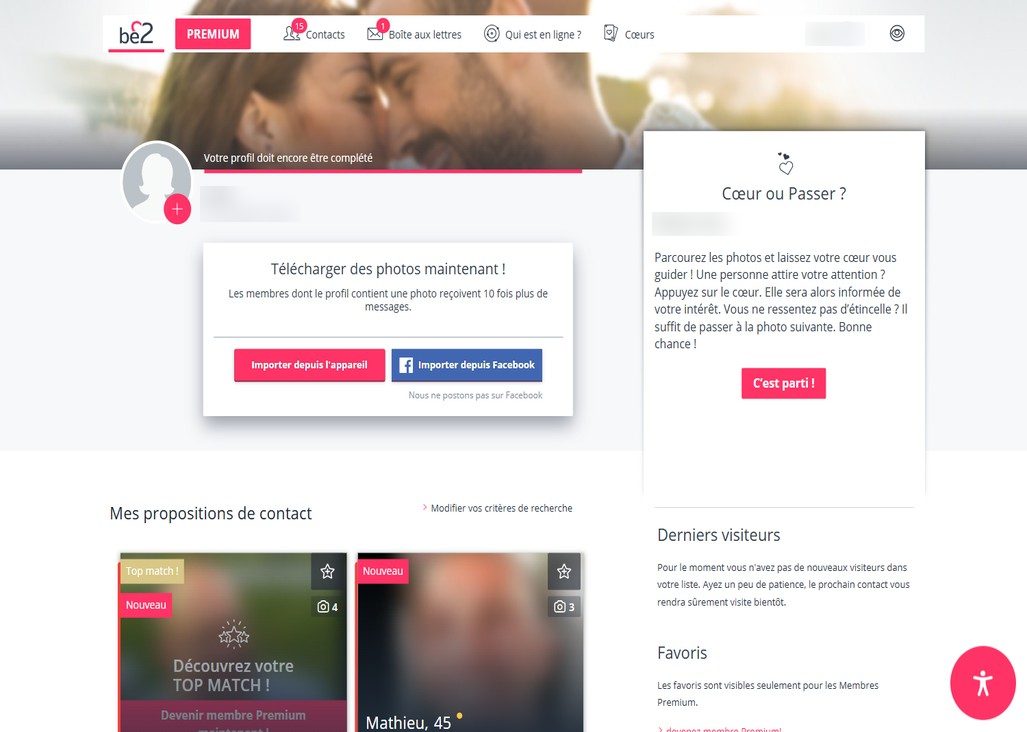 Espace membre be2 juste après l'inscription : profil à compléter, propositions de contact et encadré Cœur ou passer