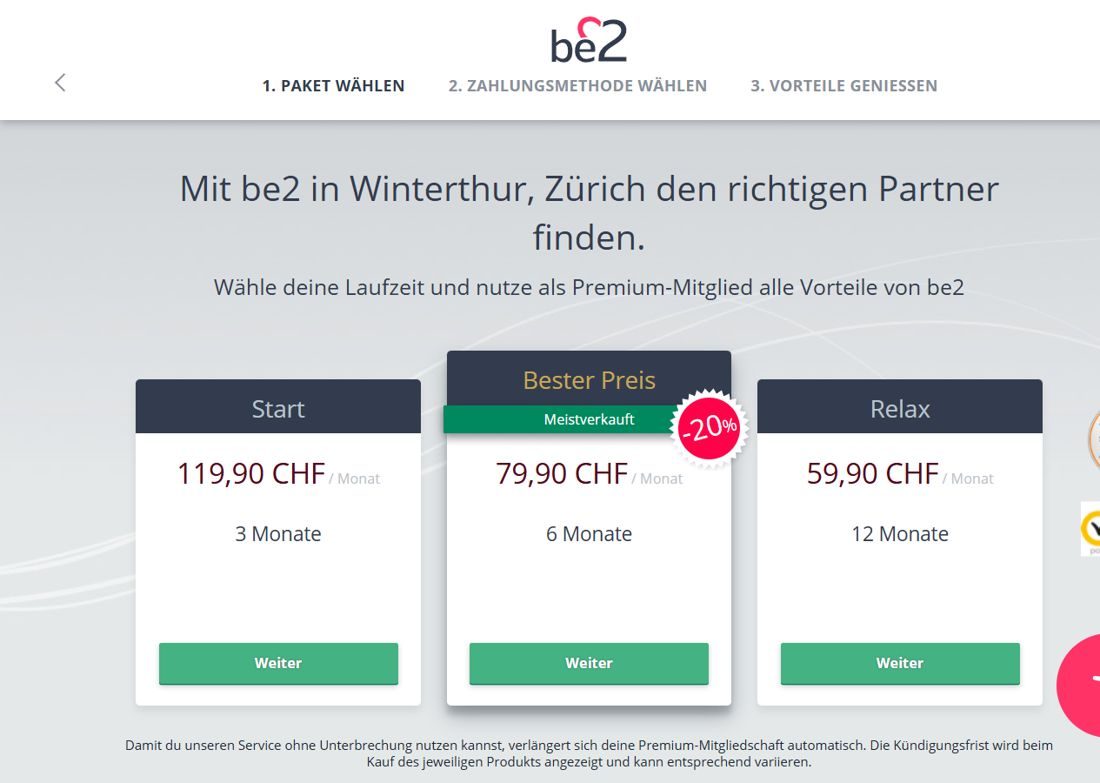 Page de commande de be2 avec les formules de 3, 6 et 12 mois en francs suisses