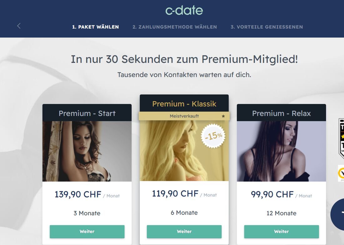 Page de commande de C-Date avec les formules Premium de 3, 6 et 12 mois en francs suisses