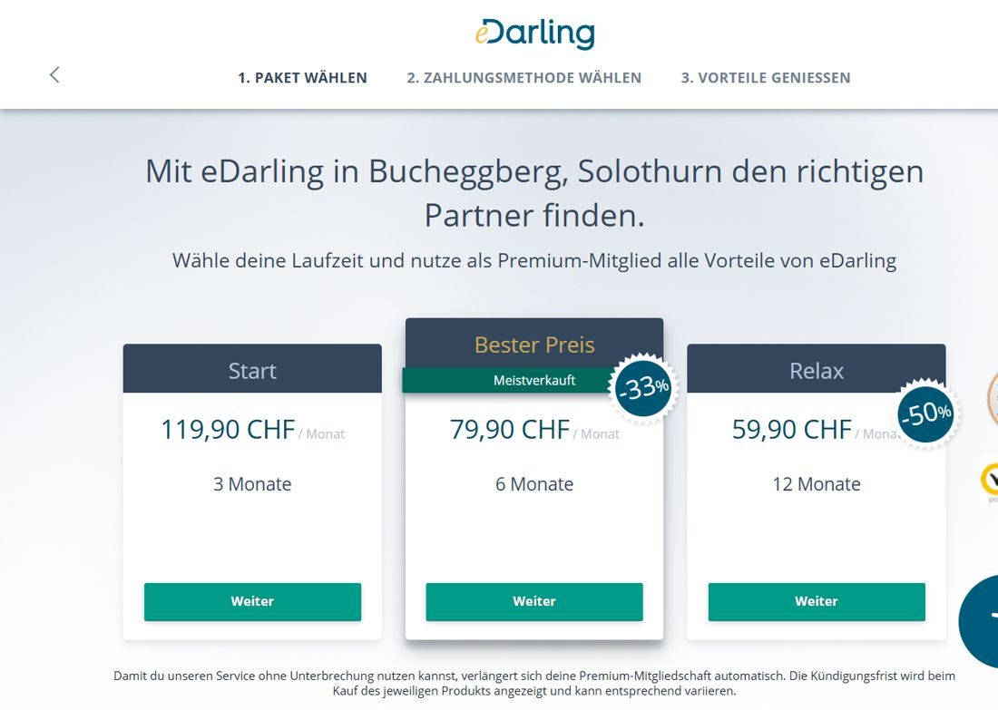 Page de commande d'eDarling avec les formules Premium de 3, 6 et 12 mois en francs suisses